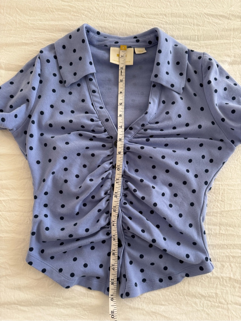 Maeve By Anthropologie Purple Polka Dot Ruched Button Front Blouse Top - Picture 6 of 8